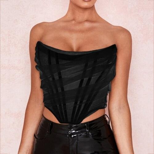 Womens Summer Vintage Strapless Open Back Boned Female Mesh Backless Bustier Zipper Back Corset Body Shaper Femme Crop Top