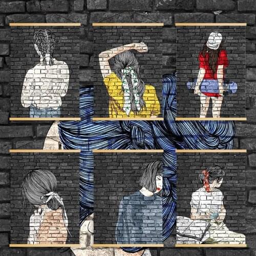 Home Decoration Modern Wall Artwork Picture Wooden Scroll Hanging Paintings Print Canvas Braided Girls Poster For Living Room