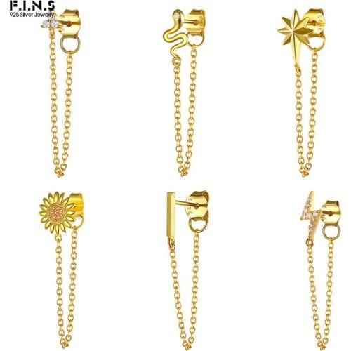 F.I.N.S 925 Sterling Silver Statement Earrings Geometric Bar Daisy Star Snake Earrings For Women Hanging Chain Dangle Earring