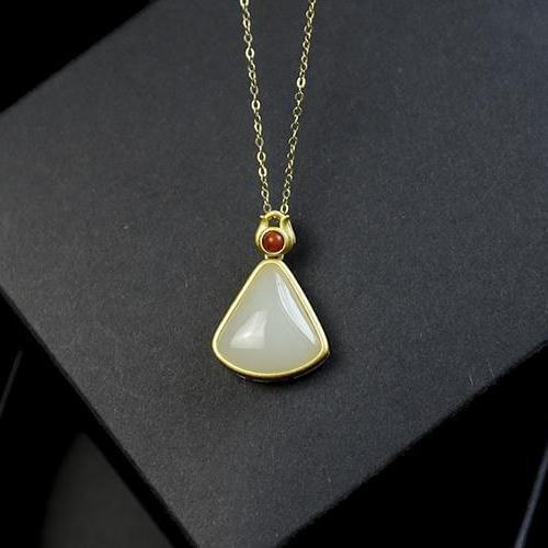 Natural Hetian Jade White Jade South Red Pendant S925 Sterling Silver Fan-Shaped Pendant Female Jade Necklace Gift for People G