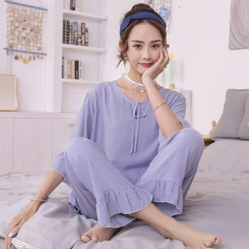 Cotton Pajamas Female Short-Sleeved Trousers Summer Korean Sleepwear Fresh Students Cute Casual Thin Section Cotton Nighties