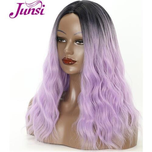 JUNSI Purple Wavy Synthetic Wig for Women Bob Water Wave Hair Natural Ombre Grey Wigs Heat Resistant Hair