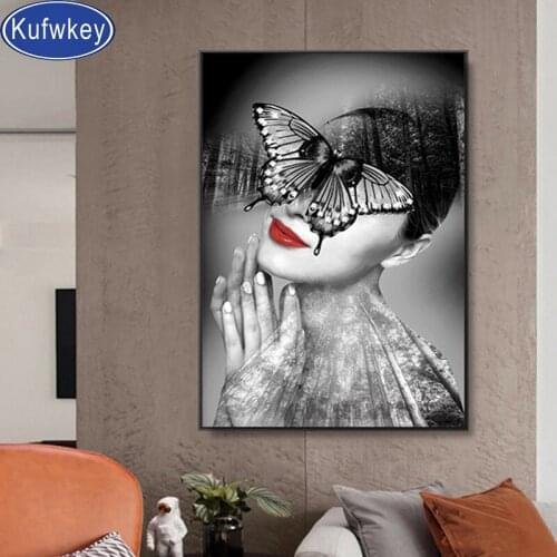 Beautiful Girl Butterfly picture,diy diamond painting full square diamond mosaic diamond embroidery round black white wall art