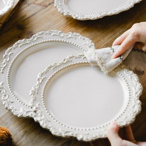 8-10" Ceramic Dinner Plate French Baroque Retro Embossed Palace Style Plates European Tableware Western Dinner Plates Soup Bowl