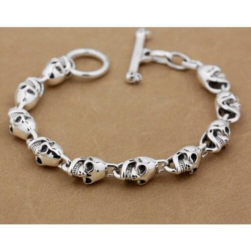 Skulls Bracelet 925 Sterling Silver Mens Biker Rock Punk Chain 8W004