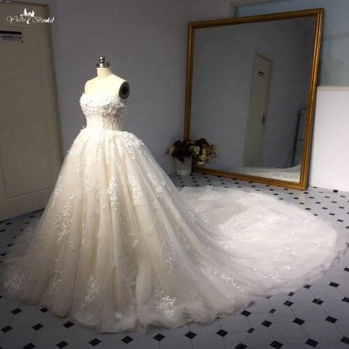LZ258 Light Champagne Color 3D Flowers Lace Wedding Dress Vestido De Noiva Cathedral Train Bridal Dresses 2018 Robe De Mariee