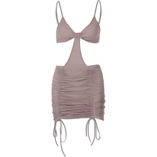 Quanss Summer Sleeveless Cut Out Sexy Mini Dress Women Fashion Drawstring Streetwear Club Party Outfits Female Y2k Clothing