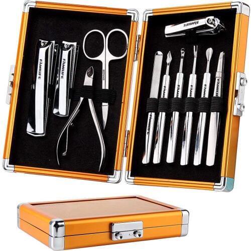 FAMILIFE 11PCS Manicure Pedicure Set L05 Stainless Steel Nails Clipper Scissors with Luxury Gift Box Gold Case Best Gift