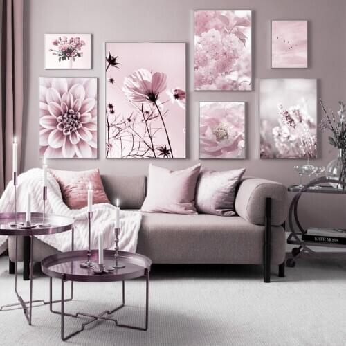 Pink Flower Cherry Blossom Rose Peony Sky Bird Nordic Posters And Prints Wall Art Canvas Painting Wall Pictures For Living Room