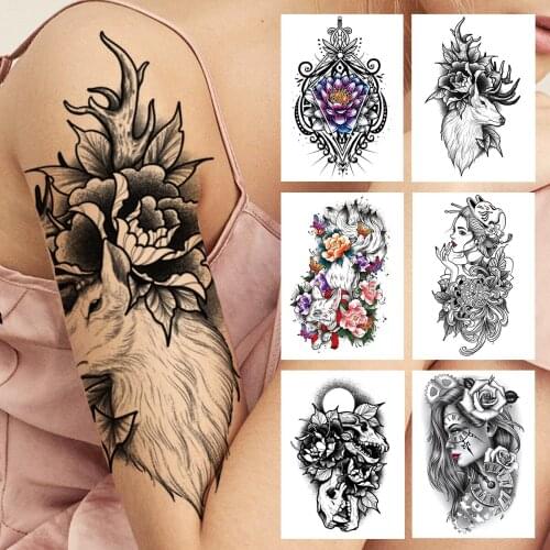 Deer Flower Temporary Tattoo For Women Girls Adult Rose Sexy Lady Tattoos Sticker Fake Dinosaur Blossom Black Big Tatoos Armband