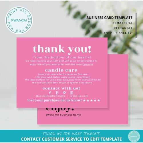 Print candle care business cards accept custom business thank you for your order insert cards pink color free shipping