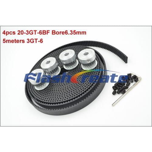 4pcs 20 Teeth 3GT Synchronous Pulley Bore 5/6.35/8mm + 5meters 3GT Rubber Belt Width=6mm 20teeth 20T GT3 Timing Belt Pulley
