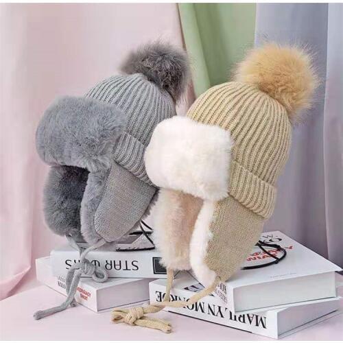 Knitted Plush Ball Caps New Korean Style Cute Women Fashion Pure Color Thicken Warm Ears Protection Coldproof High Quality Caps