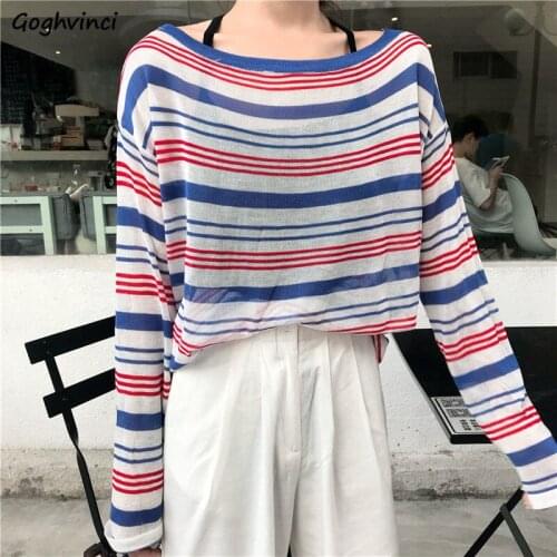 Long Sleeve T-shirts Women Striped Summer Thin Sun-proof Loose Knitting Casual Korean Style Elegant Slim Womens All-match Chic