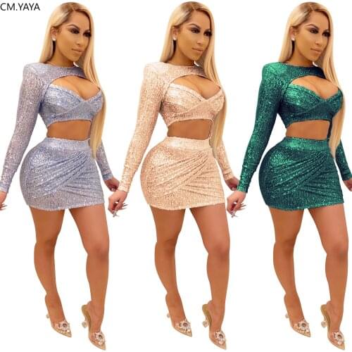 2020 Summer Women Sets Dresses Sequined Hole Tops+Skirts Suits Sexy Elegant Two Piece Set Night Club Party Tracksuits GL3505