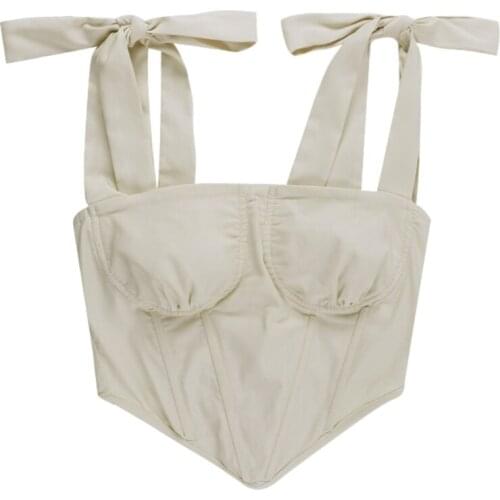 Women Summer Tie Up Strap Crop Top Sexy Square Neck Backless Fish Boned Corset Camisole Solid Color Vintage Bustier Body Shaper