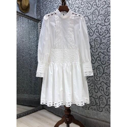 Hollow Out Embroidery Dress 2021 Spring Summer Fashion Style Women Stand Neck Pleated Patchwork Long Sleeve Casual White Dress