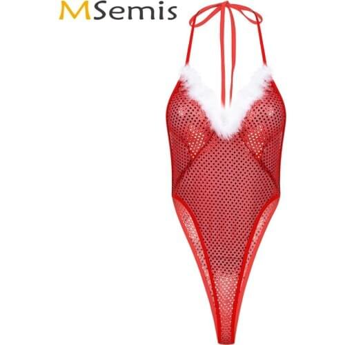 Mrs Santa Claus Lingerie for Women Shiny Sequins Feather Trim Teddy Bodysuit Sexy Christmas Costumes Open Back High Cut Catsuit