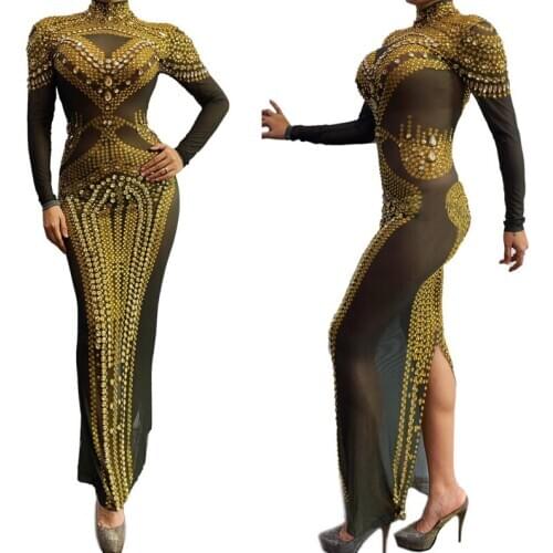 Gold evening dress sexy women long dresses sparkly crystal birthday party celebrate outfit singer stage show costume