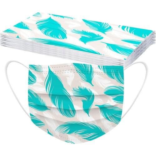 Disposable Face Masks Unisex Adults Feather Printed 3-Layer Masks 10PCS Breathable Dustproof Filter Protective Halloween Cospla