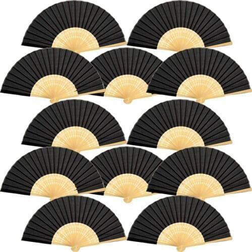 12 Pcs Black Hand Held Fans Silk Bamboo Folding Fan waaiers hand for Church Wedding Birthday Party Gift Favors DIY Decoration