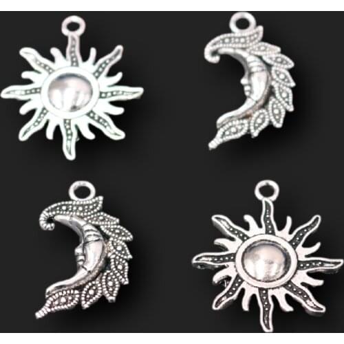 16pcs Silver Plated Hip Hop Sun & Moon Pendant Retro Couple Necklace Bracelet Metal Accessories DIY Charms Jewelry Crafts Making