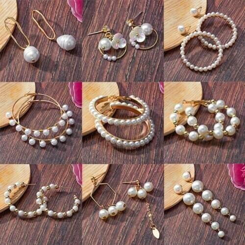 2020 New Trend Pearl Long Drop Earrings For Women White Round Big Pearl Wedding Pendant Earrings Korean Fashion Jewelry Earrings