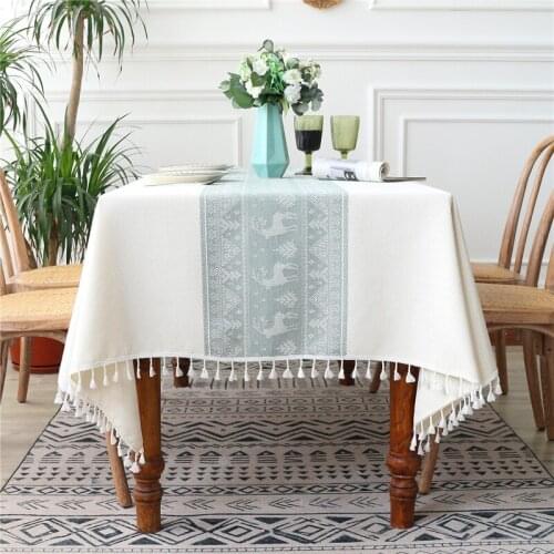 2021Christmas Deer Design Solid Decorative Linen Tablecloth With Tassels Rectangular Wedding Dining Table Cover Tea Table Cloth