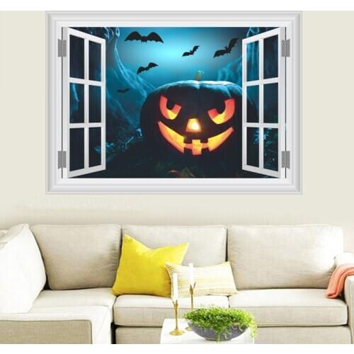 3D Vivid Window Pumpkin Lantern Bat Wall Stickers For Kids Rooms Decor Cartoon PVC Wall Decals Diy Mural Art Halloween Posters