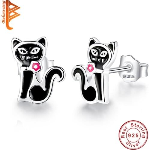 Authentic 100% 925 Sterling Silver Stud Earrings Lovely Cat And Heart Stud Earrings For Women Fashion Cute Silver Jewelry