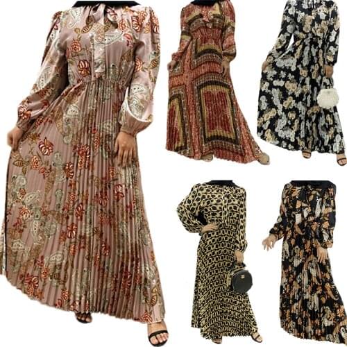 Bangladesh Abayas For Women Burka Pleated Arabic Print Dress Dubai Turkish Kaftan Islamic Clothing Muslim Jilbab Ramadan Gown