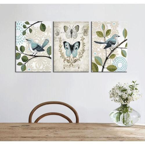 Canvas Wall Art,3 Panels Framed Prints Decor,Impressionism Butterfly and Bird Picture Print on Canvas Drop shipping