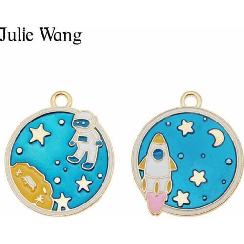 Julie Wang 4PCS Enamel Astronaut Rocket Planet Charms Aviation Gold Tone Necklace Bracelet Earrings Jewelry Making Accessory