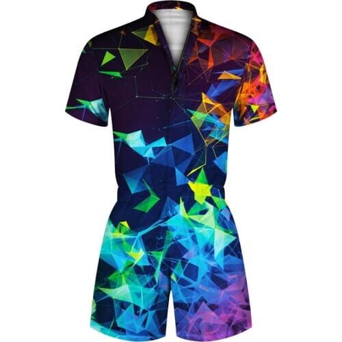 Men Women Geometry Print Zipper Romper Playsuits Short Sleeve V Neck Fit Slim Jumpsuit Men Casual Jumpsuit Overalls Plus Size