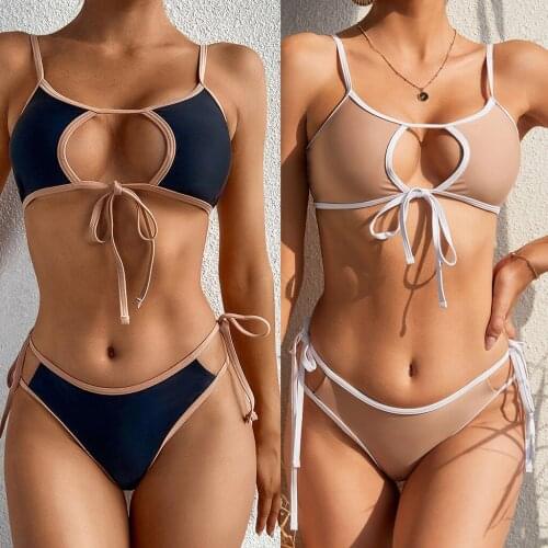 Women Sexy 2pcs Bikini Set Hollow Out Keyhole Tie Front Bra Swimsuit Side Tie Thong Contrast Color Strappy Bathing Suit