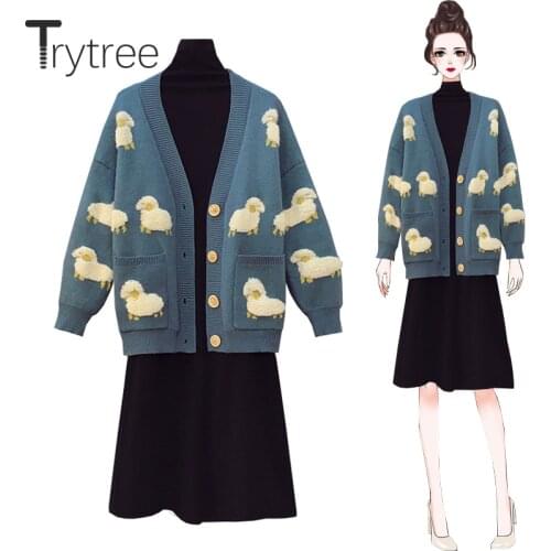 Trytree 2020 Winter Two Piece Knitted Women Sets Cartoon Sheep Single Breasted Cardigan + Turtleneck Dress Elastic 2 Piece Set
