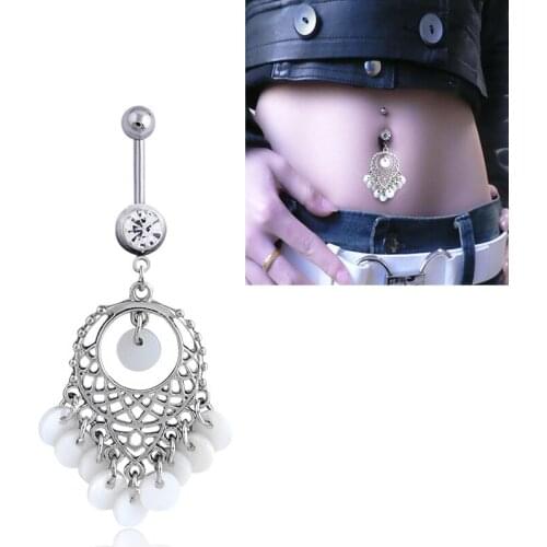 Round white gem sheet Long Tassel Navel Dangle Pendant Button Belly Ring dance charms Bar Party Body Piercing luxury Jewelry