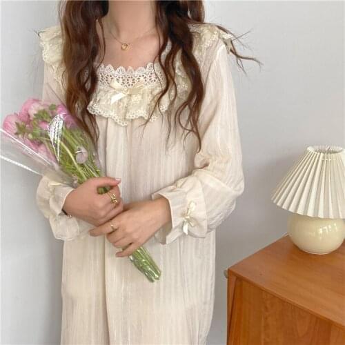 Lace Nightgown Women Apricot Long Midi Dress Loose Sleepwear Cotton Kawaii Korean Home Clothes Spring Sweet Homewear