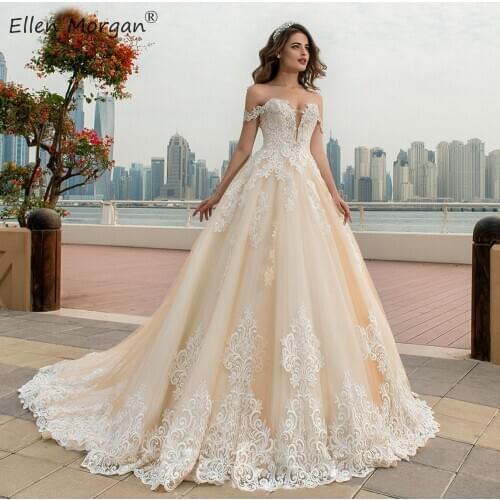 Champagne Lace Ball Gowns Wedding Dresses 2021 Puffy Beaded Crystals Corset Off the Shoulder Sexy Bridal Gowns for Women