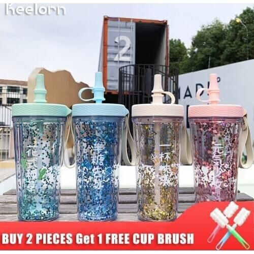 Keelorn BlingBling 400ML Summer bottle Double Plastic bottle with a Straw Water Bottle for Outdoor School Creative Eco-Friendly