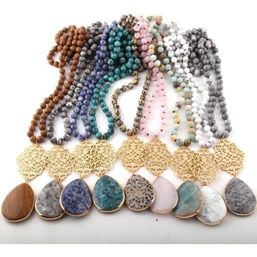 MOODPC Fashion Bohemian Jewelry Long Knotted Metall Grid Link Stone Drop Pendant Necklaces For Women Necklace