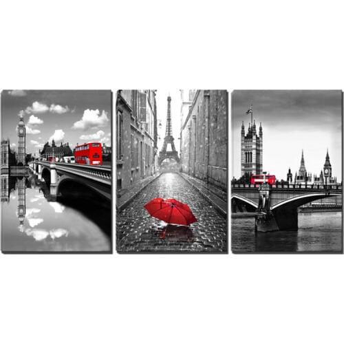 DiyDiamond painting cross stitch full square Round 3pcs Black and White Paris Tower with Red Umbrella diamond EmbroideryZP-1417