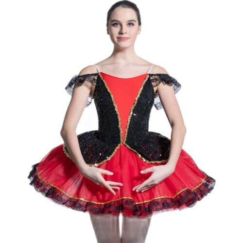 All For Dance New Red Tulle With Black Lace Girls/Women Ballet Skirt Black Sequin With Red Spandex Bodice Stage Dance Wear