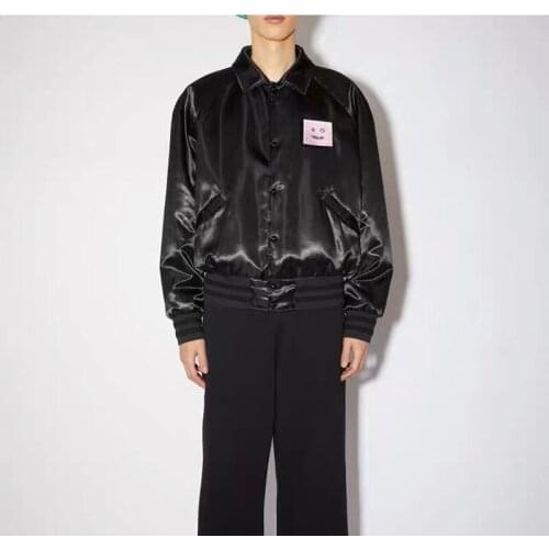 2021 Autumn Winter Women and Men Satin Jacket Sequin Smiley Face Unisex Single-Breasted Coat Outwear Top Preppy Style