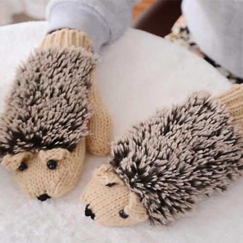Women Winter New Gloves Without Fingers Knitting Wool Cute Warm Mittens Fingerless Cartoon Hedgehog Warm Gloves