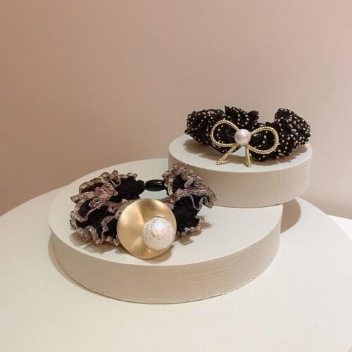Luxury Pearl Rhinestone Flannel Hair Ties Ropes Elastic Hair Bands New Shiny Silk Bow Pearl Hair Accessories Headdress Wholesale