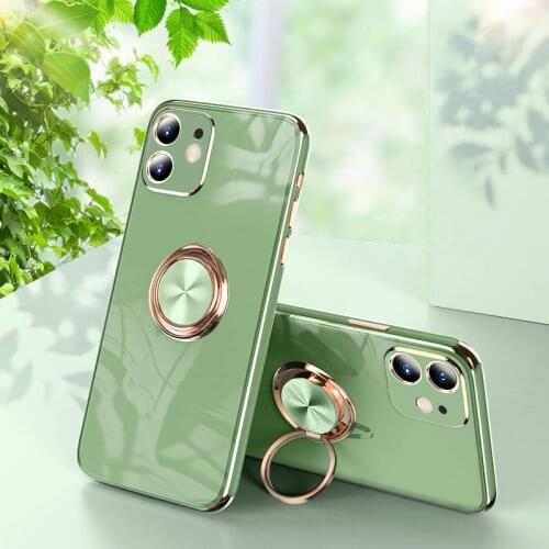 Luxury Ring Holder Case For iPhone 11 7 8 Plus Gold Plating Metal Stand Phone Cover For iPhone 12 Pro Max XS XR SE 2020 Silicone
