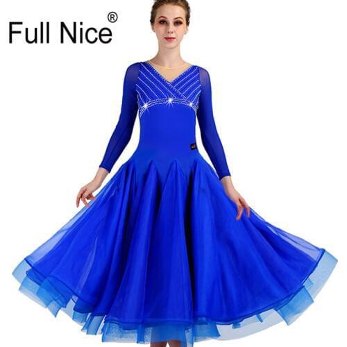 Blue Dress Long Sleeve Ballroom Dance Dress Modern Dance One Piece Group Dance Clothes Flamenco Rumba Samba Waltz Practice