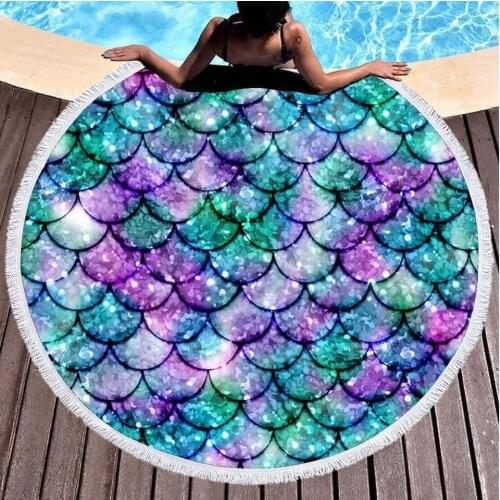 Shining Mermaid Fish Scales Printed Microfiber Beach Towel Bath Sport Swimming Round Beach Towels for Adults Circle Bath Blanket