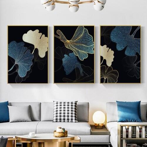Nordic Blue Golden Leaves Canvas Painting Abstract Posters and Prints Wall Art Canvas Pictures for Living Room Aisle Home Decor